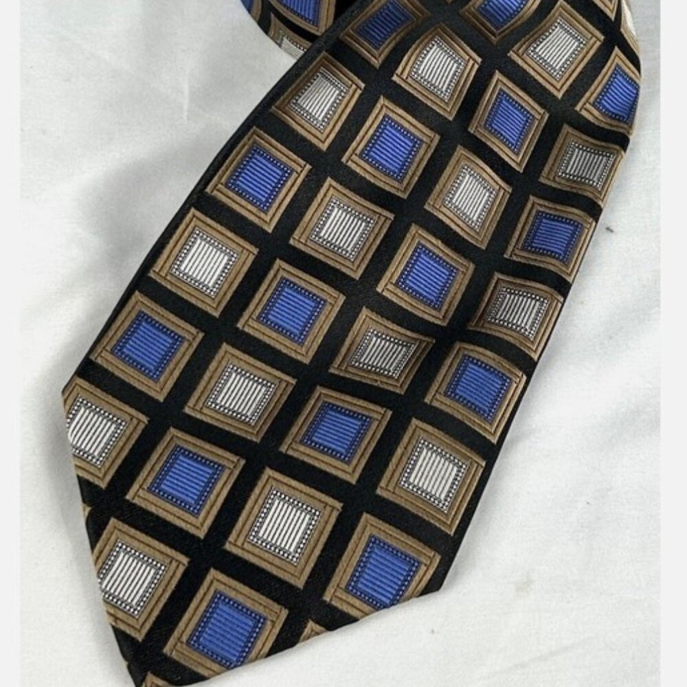 Pavone Blue Bronze Geometric Squares Silk Neck Tie Made In Italy